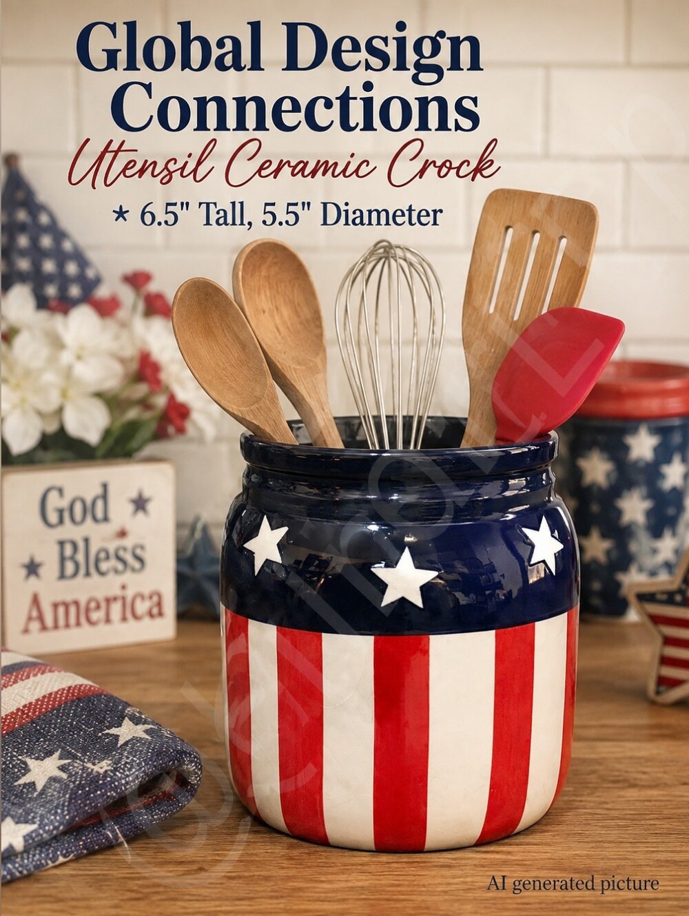 Global Design Connections Utensil Ceramic Crock 6.5" Tall, 5.5" Diameter